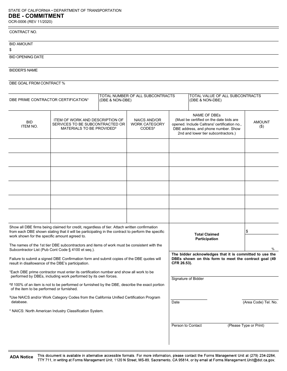 Form OCR-0006 Dbe - Commitment - California, Page 1