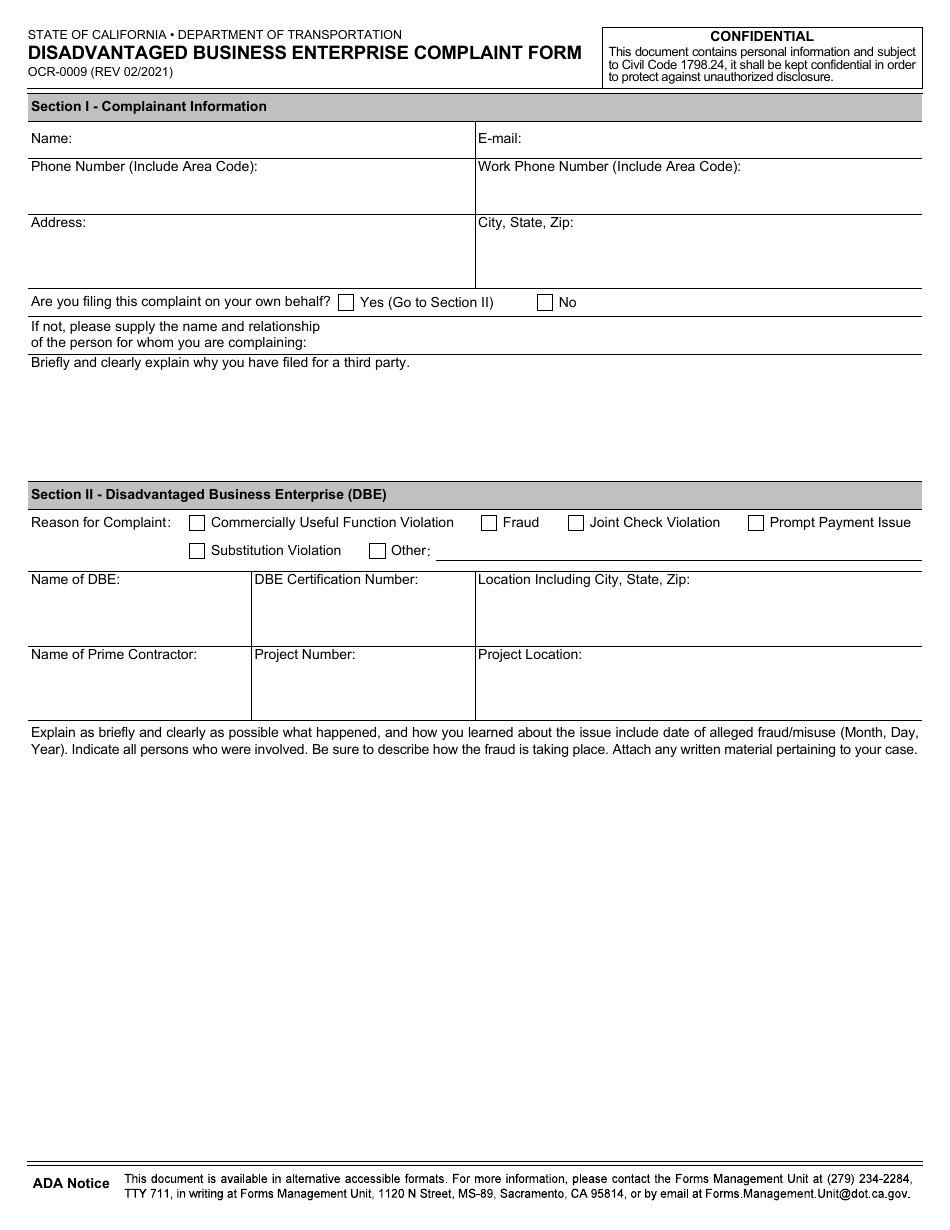 Form OCR-0009 Disadvantaged Business Enterprise Complaint Form - California, Page 1