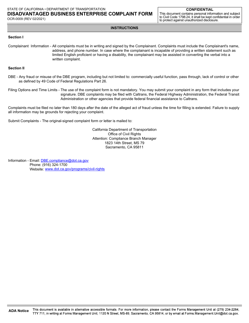 Form OCR-0009 Disadvantaged Business Enterprise Complaint Form - California, Page 3