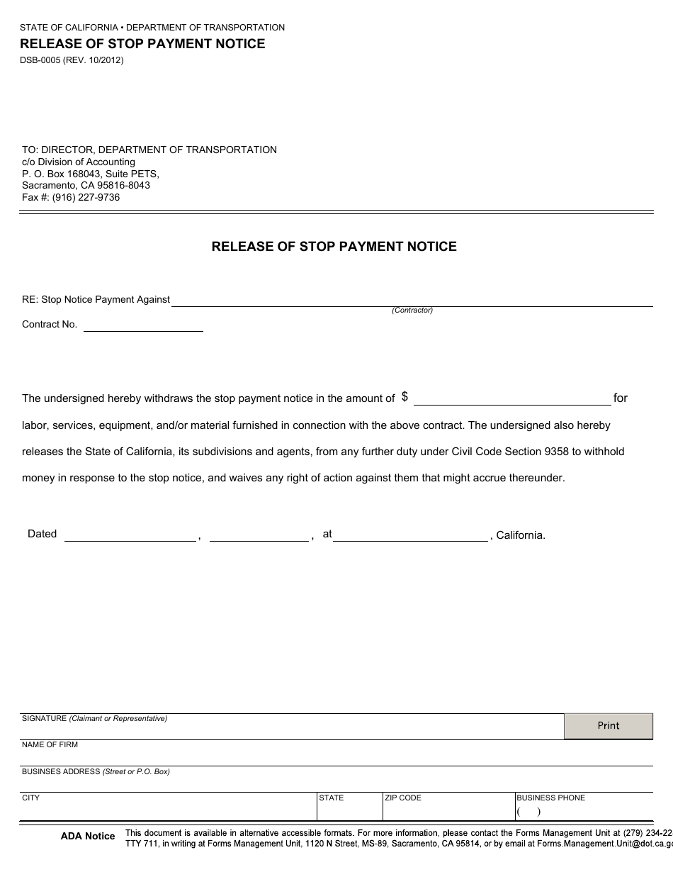 Form DSB-0005 Release of Stop Payment Notice - California, Page 1