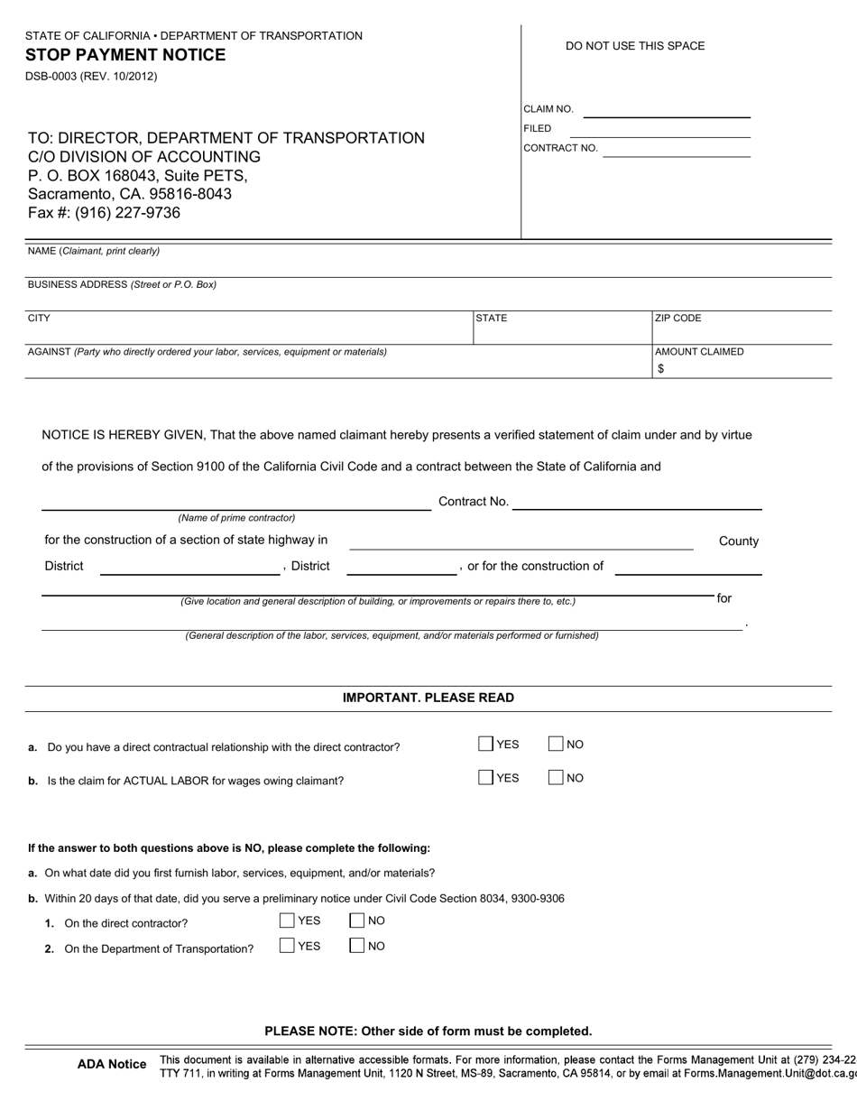 Form DSB-0003 Stop Payment Notice - California, Page 1