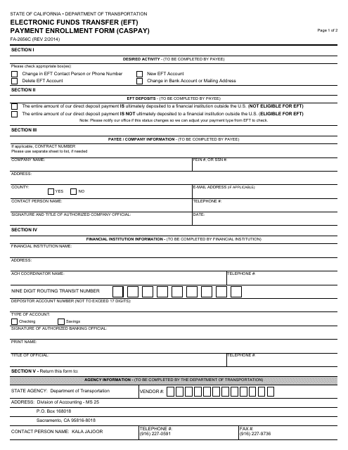 Form FA-2656C Electronic Funds Transfer (Eft) Payment Enrollment Form (Caspay) - California