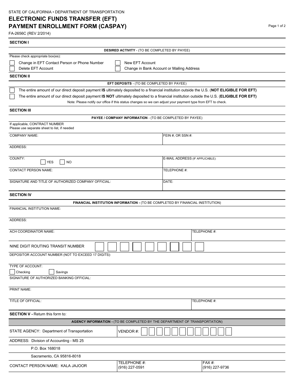 Form FA-2656C Electronic Funds Transfer (Eft) Payment Enrollment Form (Caspay) - California, Page 1