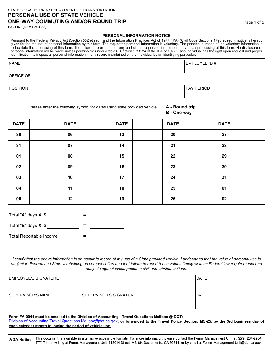 Form FA-0041 Personal Use of State Vehicle One-Way Commuting and / or Round Trip - California, Page 1