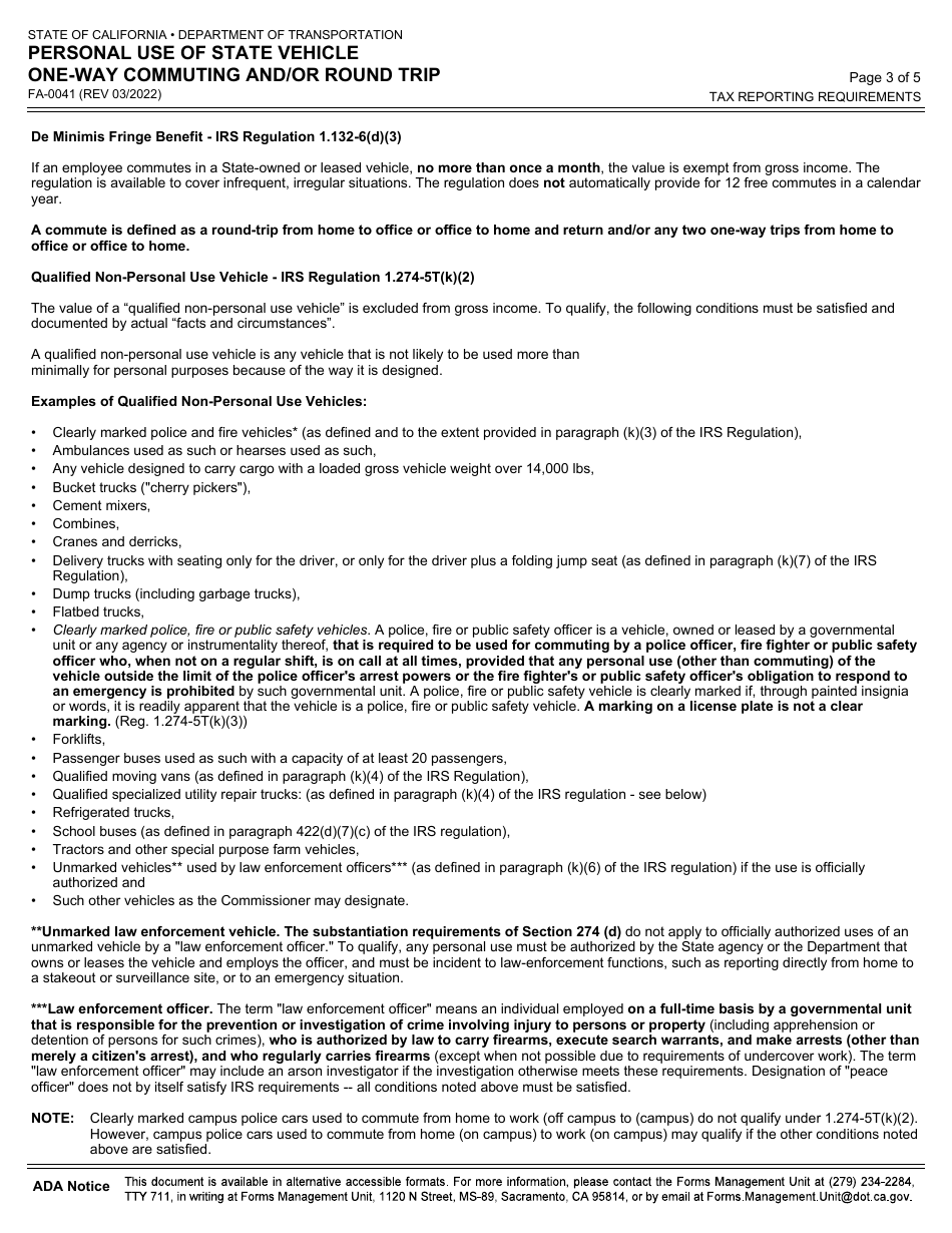 Form FA-0041 Personal Use of State Vehicle One-Way Commuting and / or Round Trip - California, Page 3
