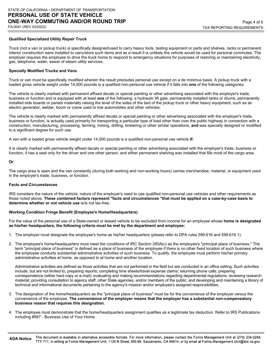 Form FA-0041 Personal Use of State Vehicle One-Way Commuting and / or Round Trip - California, Page 4