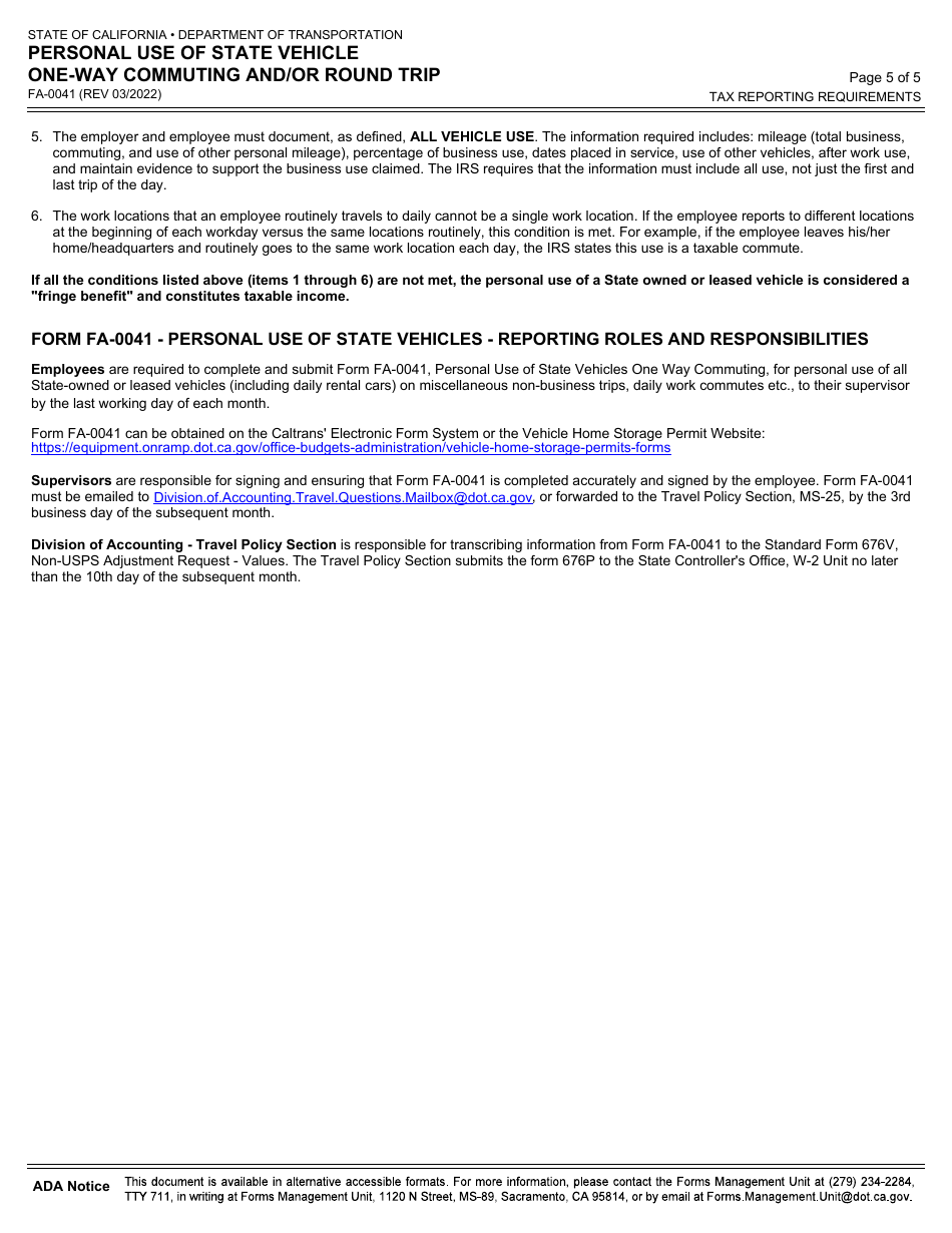Form FA-0041 Personal Use of State Vehicle One-Way Commuting and / or Round Trip - California, Page 5