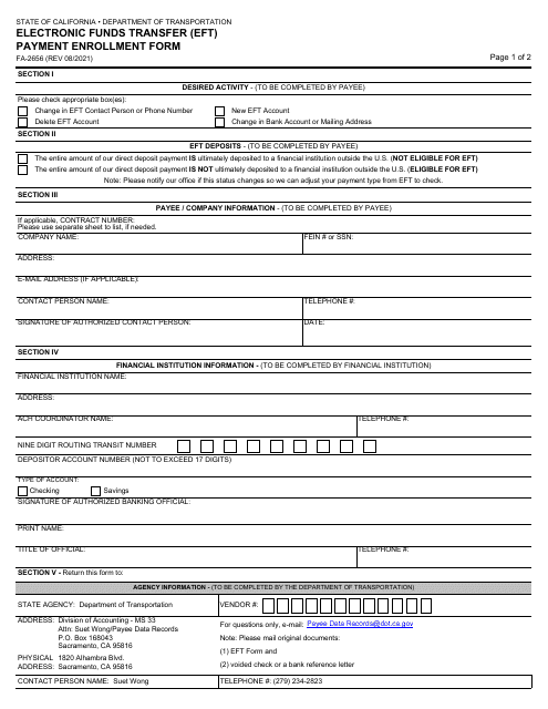 Form FA-2656 Electronic Funds Transfer (Eft) Payment Enrollment Form - California
