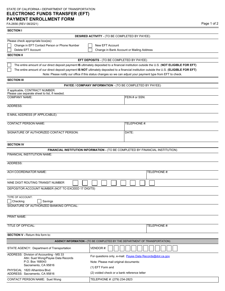 Form FA-2656 Electronic Funds Transfer (Eft) Payment Enrollment Form - California, Page 1