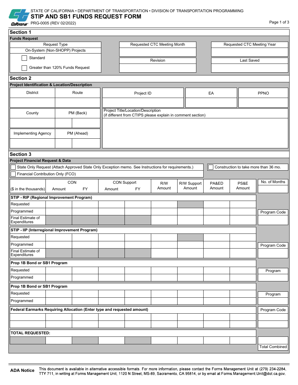 Form PRG-0005 Stip and Sb1 Funds Request Form - California, Page 1