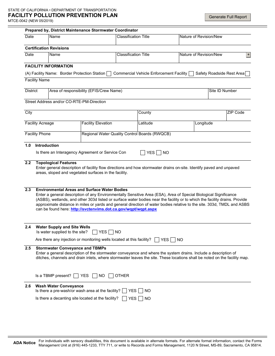 Form MTCE-0042 Facility Pollution Prevention Plan - California, Page 1