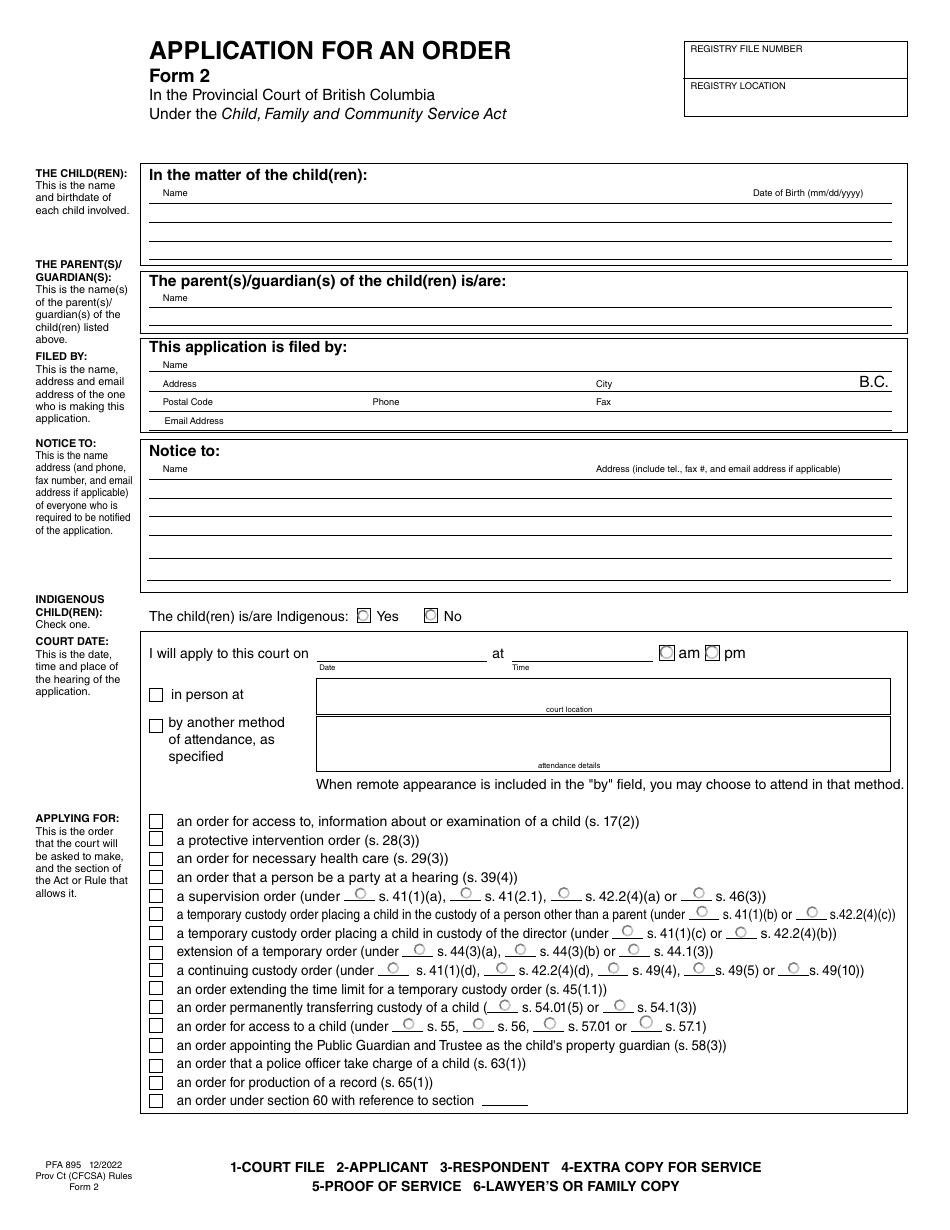 CFCSA Form 2 (PFA895) Application for an Order - British Columbia, Canada, Page 3