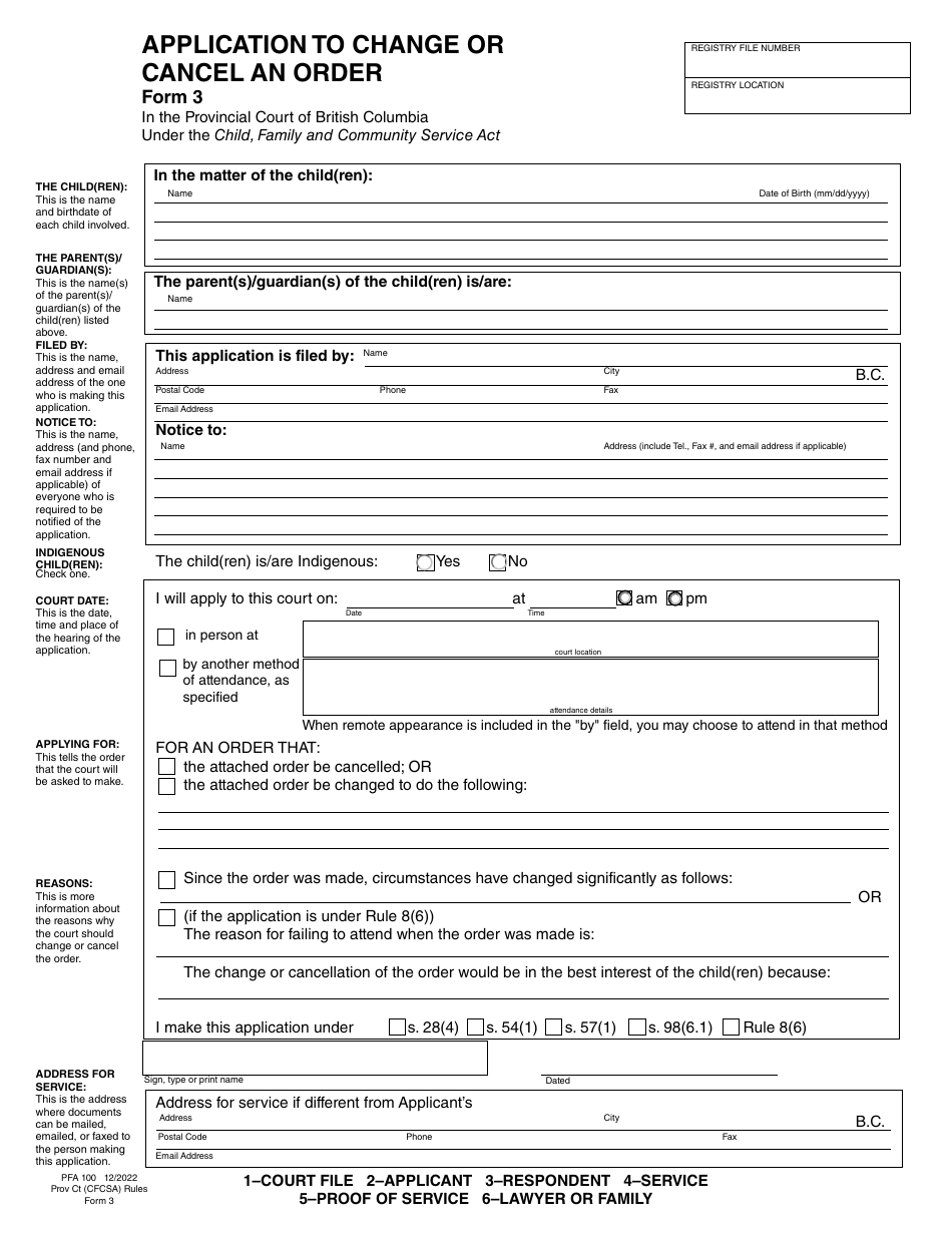 CFCSA Form 3 (PFA100) Application to Change or Cancel an Order - British Columbia, Canada, Page 3
