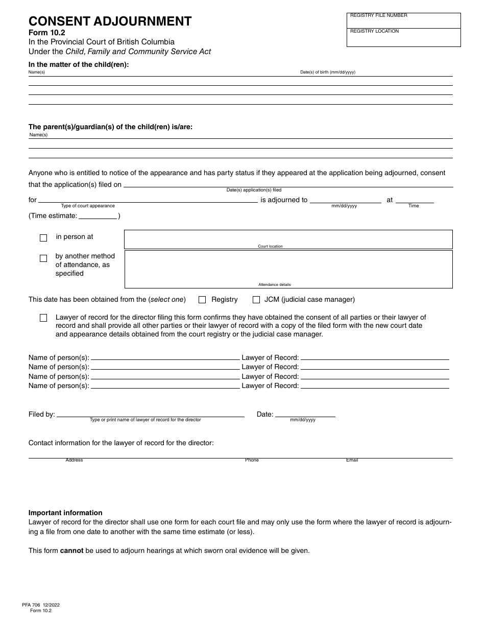 CFCSA Form 10.2 (PFA706) Consent Adjournment - British Columbia, Canada, Page 1