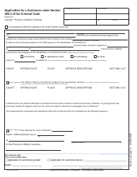 Document preview: Form 6.1 (PCR798) Application for a Summons Under Section 485.2 of the Criminal Code - British Columbia, Canada (English/French)