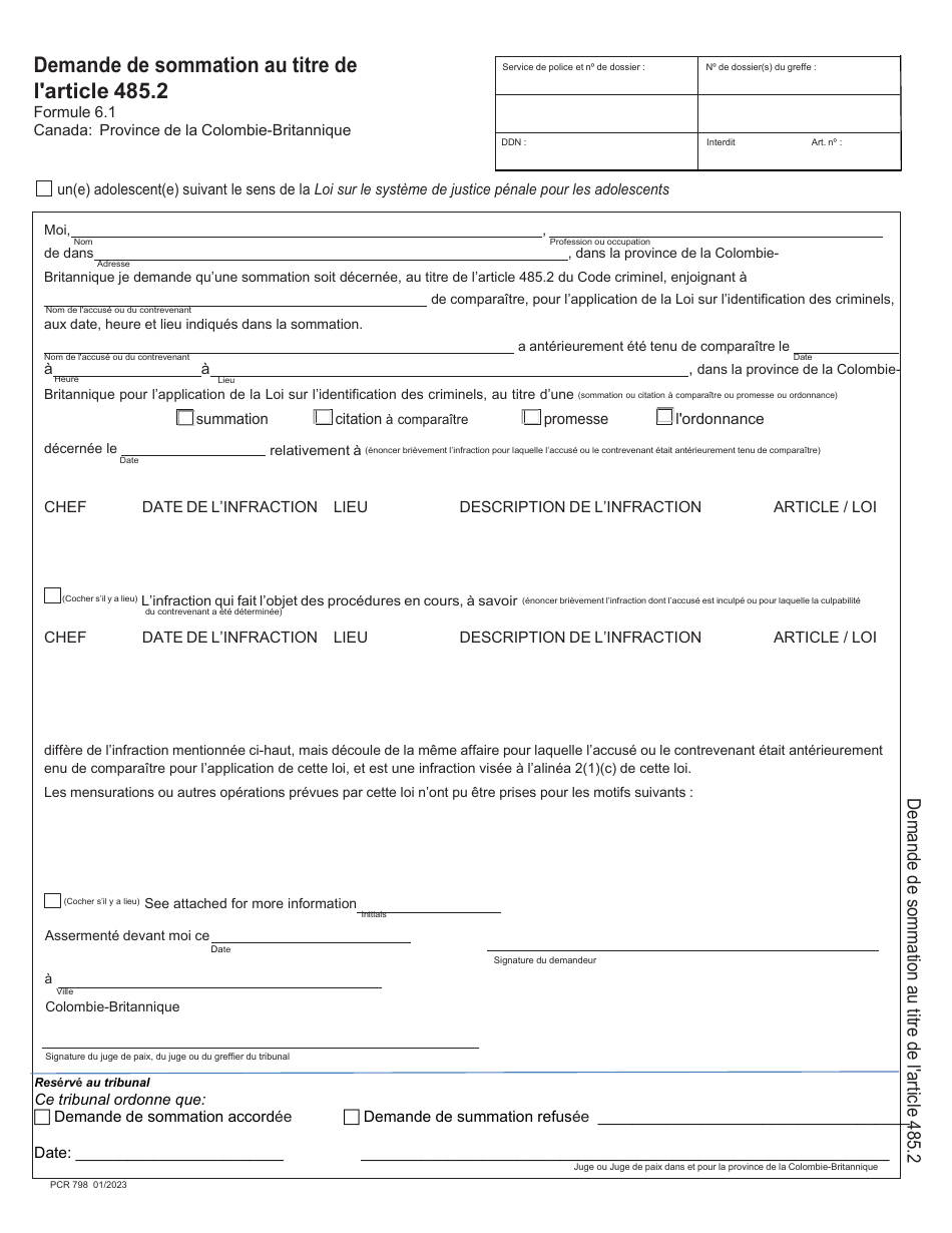 Form 6.1 (PCR798) Application for a Summons Under Section 485.2 of the Criminal Code - British Columbia, Canada (English / French), Page 2