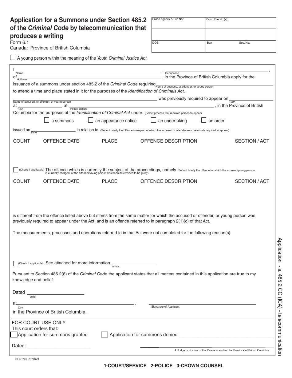 Form 6.1 (PCR795) Application for a Summons Under Section 485.2 of the Criminal Code by Telecommunication That Produces a Writing - British Columbia, Canada (English / French), Page 1
