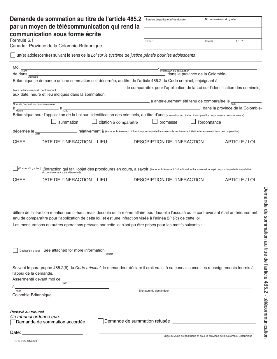 Form 6.1 (PCR795) Application for a Summons Under Section 485.2 of the Criminal Code by Telecommunication That Produces a Writing - British Columbia, Canada (English / French), Page 2