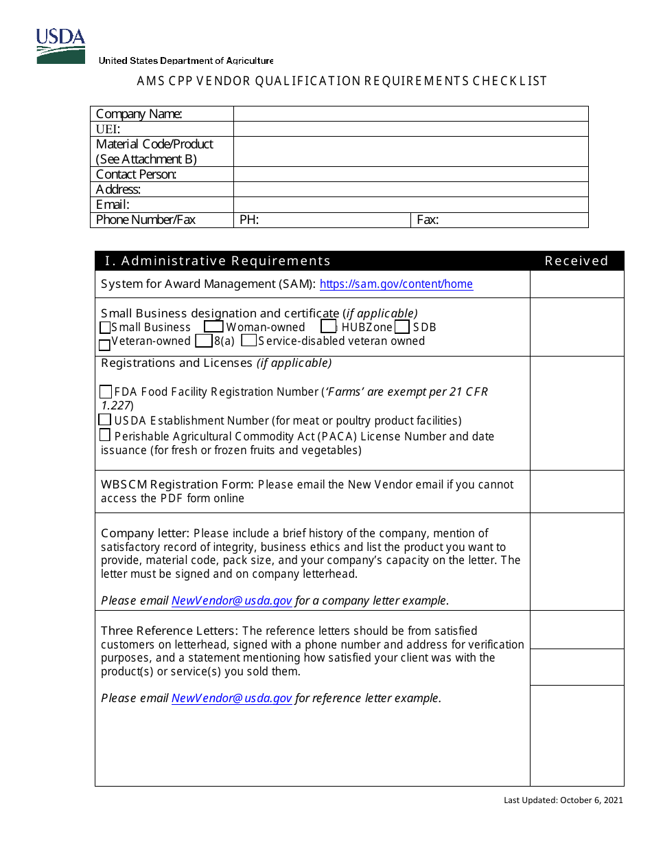Ams Cpp Vendor Qualification Requirements Checklist, Page 1