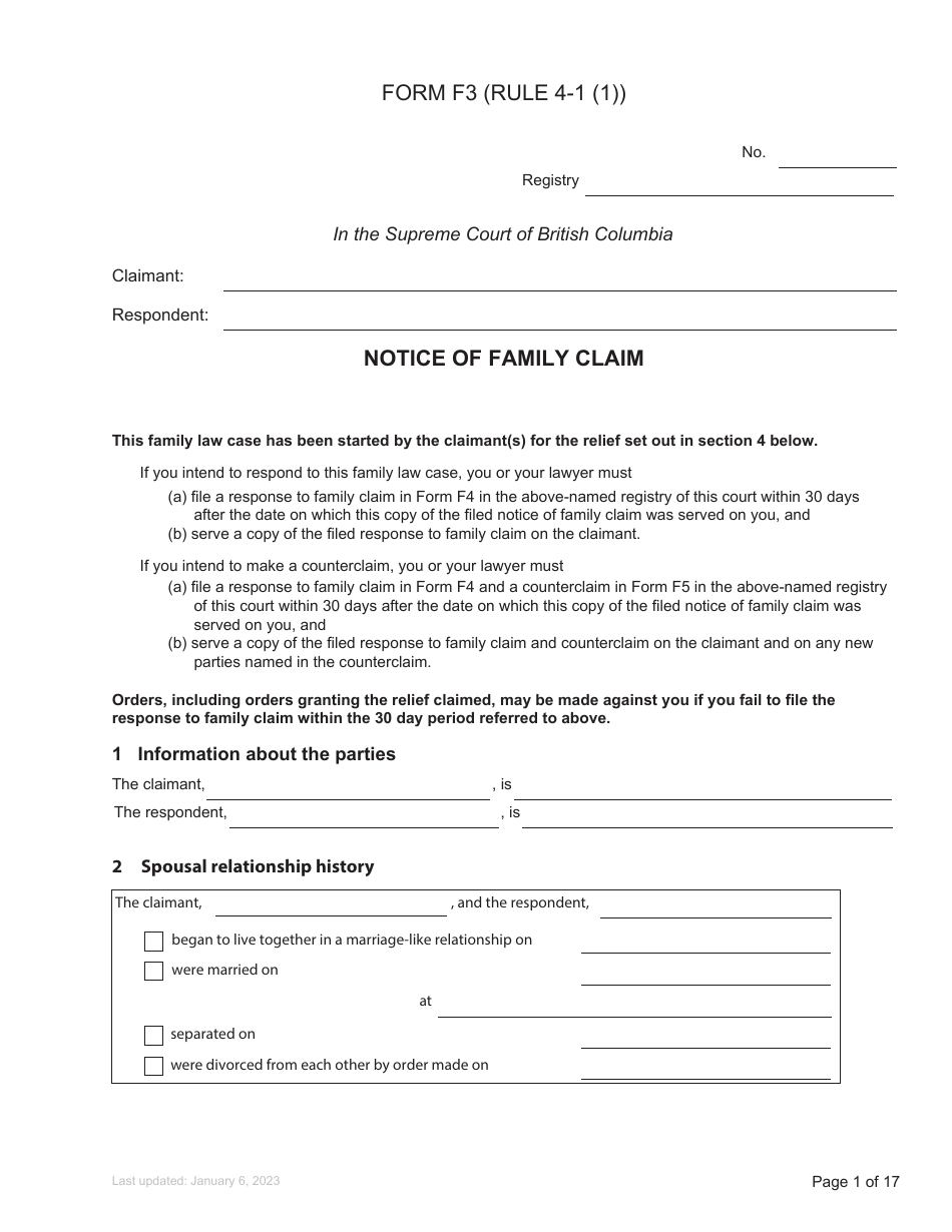 Form F3 Notice of Family Claim - British Columbia, Canada, Page 1