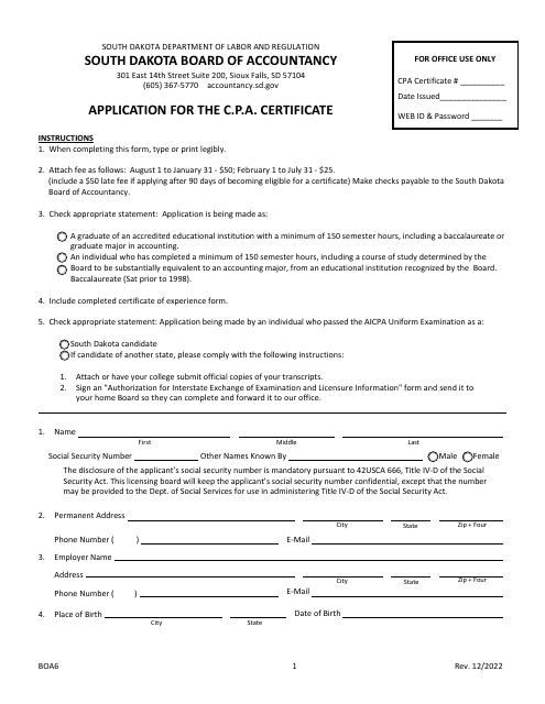 Form BOA6 Application for the C.p.a. Certificate - South Dakota