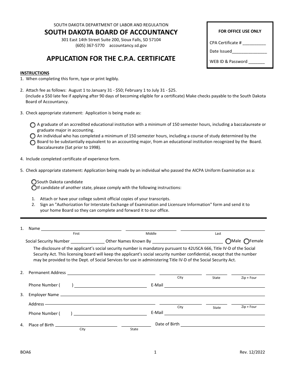 Form BOA6 Application for the C.p.a. Certificate - South Dakota, Page 1