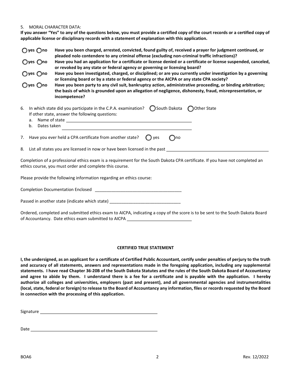 Form BOA6 Application for the C.p.a. Certificate - South Dakota, Page 2