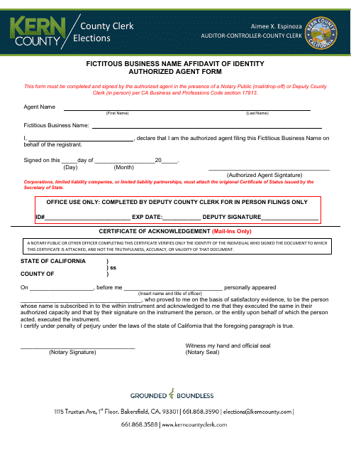 Fictitous Business Name Affidavit of Identity - Authorized Agent Form - Kern County, California Download Pdf