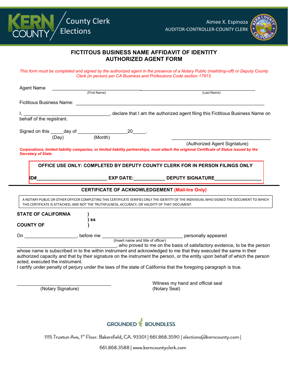 Fictitous Business Name Affidavit of Identity - Authorized Agent Form - Kern County, California, Page 1