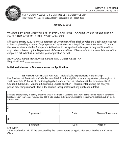 Legal Document Assistant Registration (Individual) - Kern County, California Download Pdf