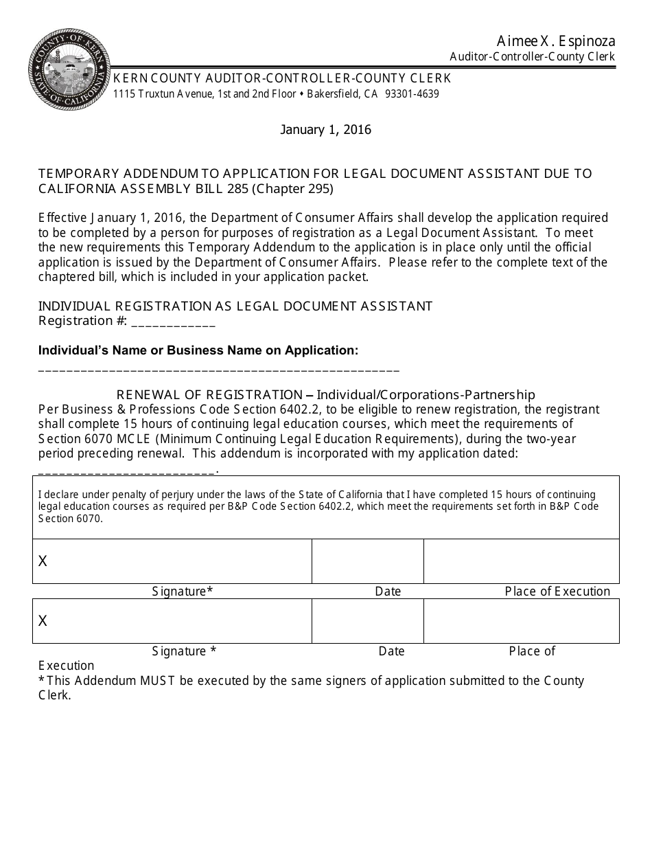 Legal Document Assistant Registration (Individual) - Kern County, California, Page 1