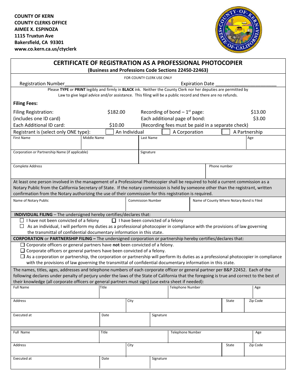 Certificate of Registration as a Professional Photocopier - Kern County, California, Page 1