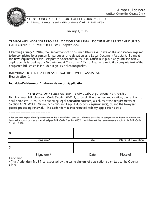 Legal Document Assistant Registration (Corporate or Partnership) - Kern County, California Download Pdf