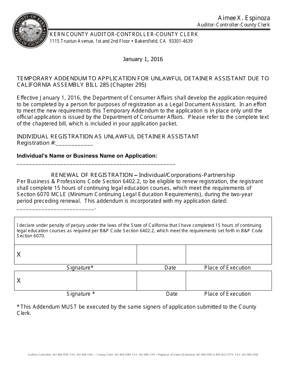 Unlawful Detainer Assistant Registration (Individual) - Kern County, California, Page 1