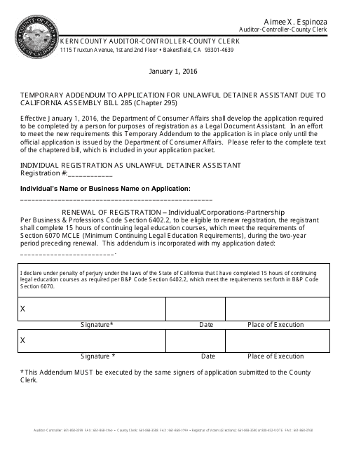 Unlawful Detainer Assistant Registration (Individual) - Kern County, California Download Pdf