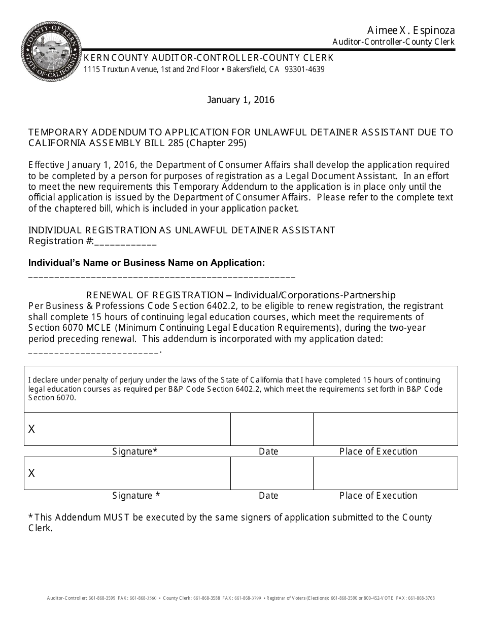 Unlawful Detainer Assistant Registration (Corporate or Partnership) - Kern County, California, Page 1