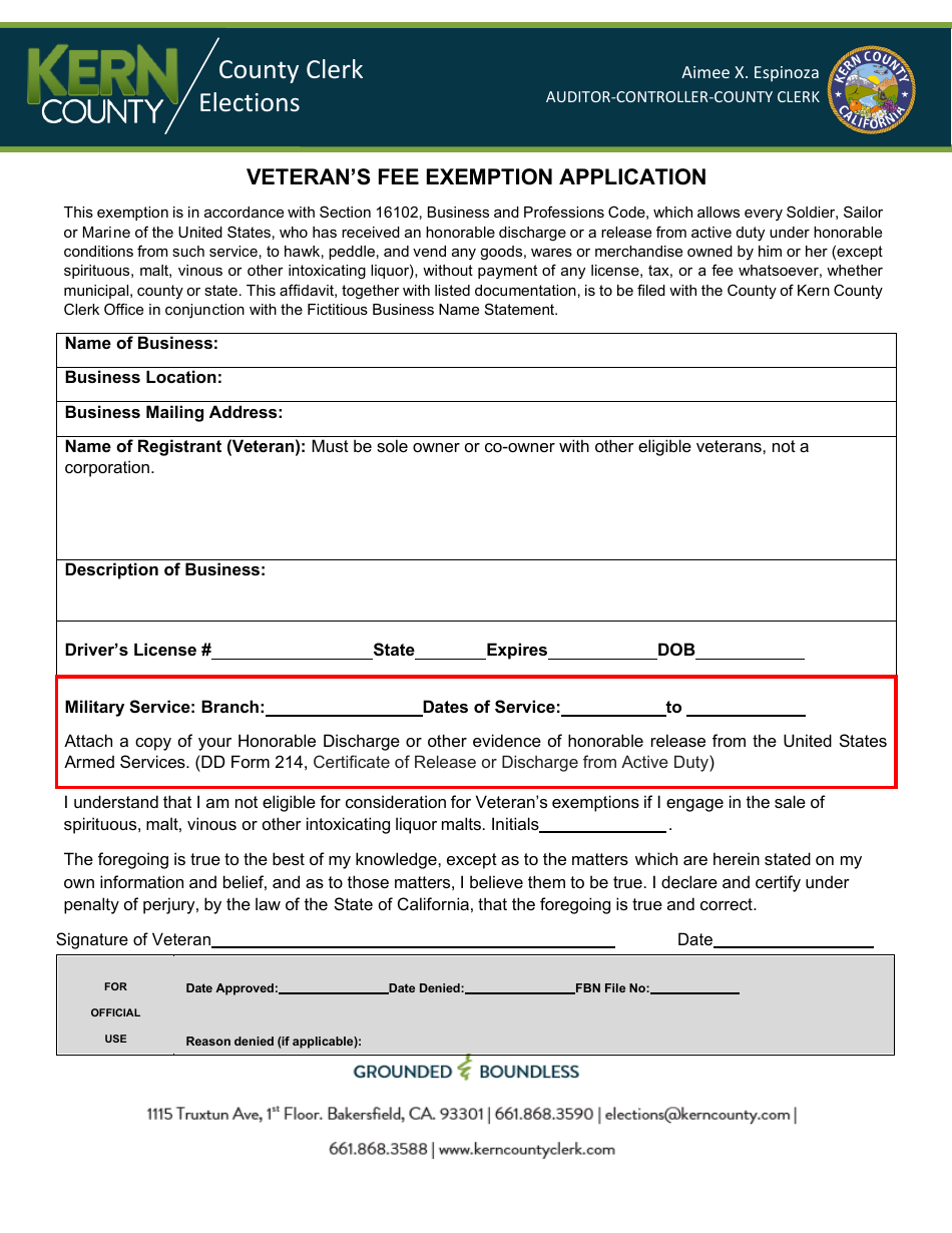 Veterans Fee Exemption Application - Kern County, California, Page 1