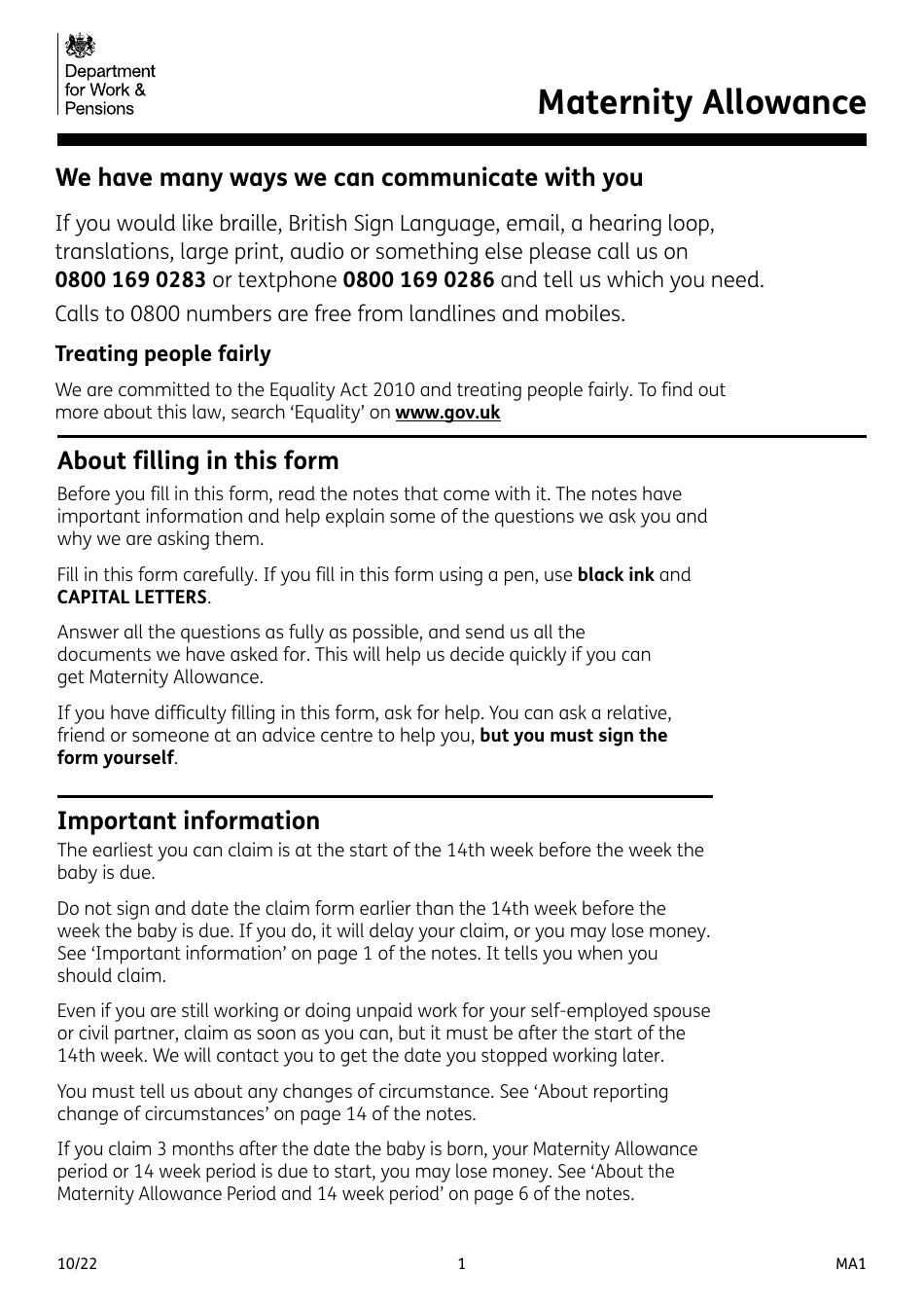 Form MA1 Download Fillable PDF or Fill Online Maternity Allowance ...