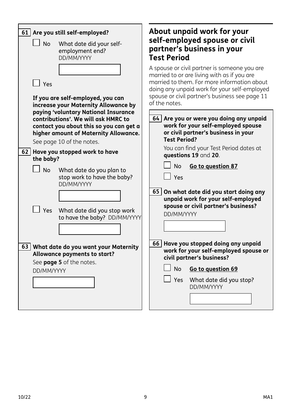 Form MA1 Maternity Allowance - United Kingdom, Page 9