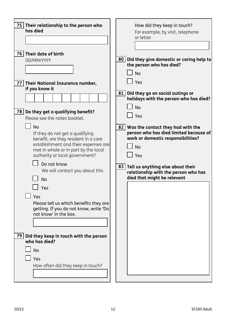 Form SF200 ADULT Funeral Expenses Payment for an Adult - United Kingdom, Page 12