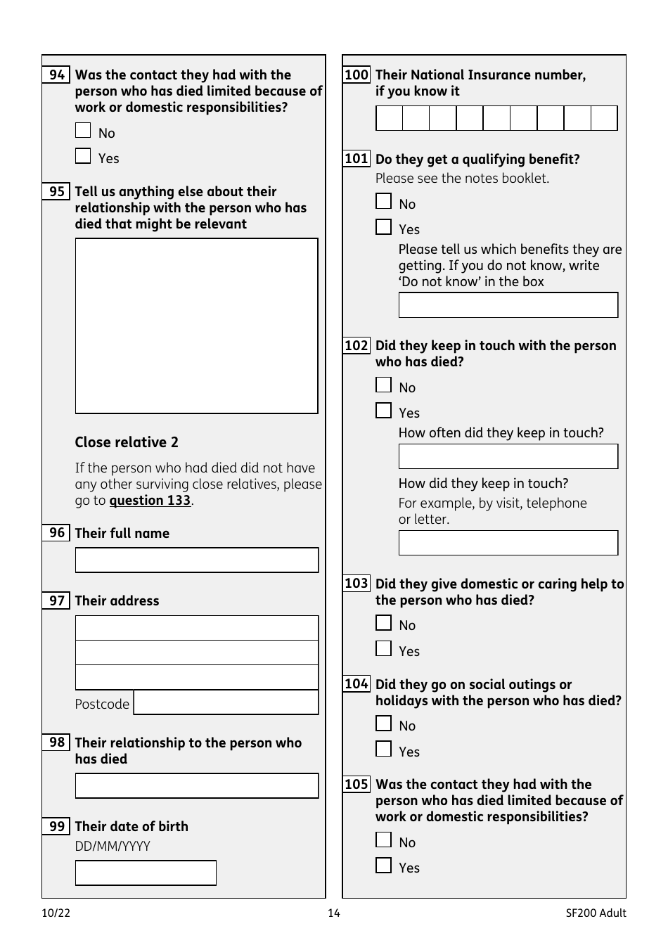 Form SF200 ADULT Funeral Expenses Payment for an Adult - United Kingdom, Page 14