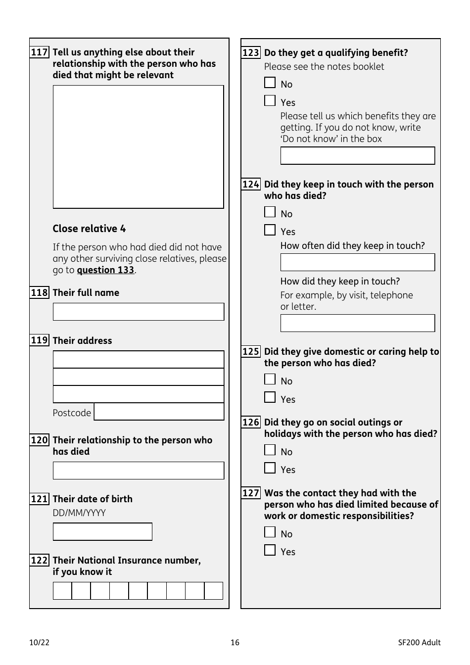 Form SF200 ADULT Funeral Expenses Payment for an Adult - United Kingdom, Page 16
