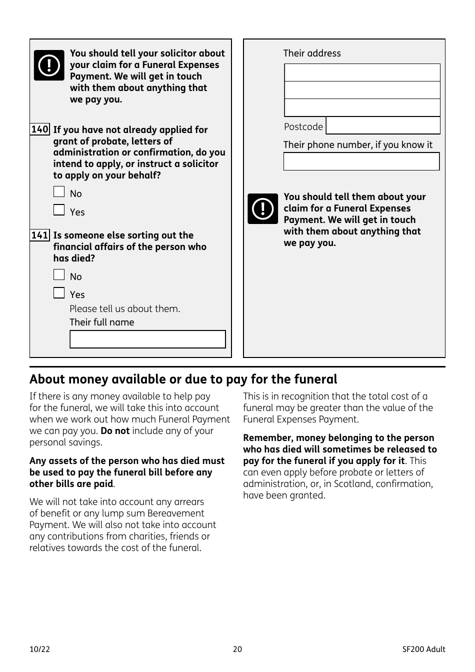 Form SF200 ADULT Funeral Expenses Payment for an Adult - United Kingdom, Page 20