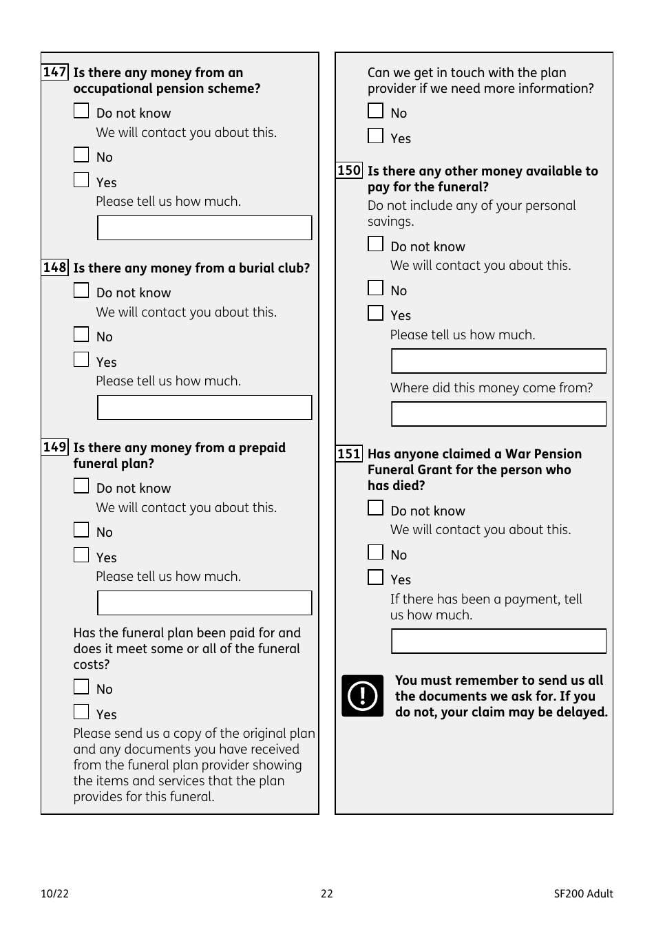 Form SF200 ADULT Funeral Expenses Payment for an Adult - United Kingdom, Page 22