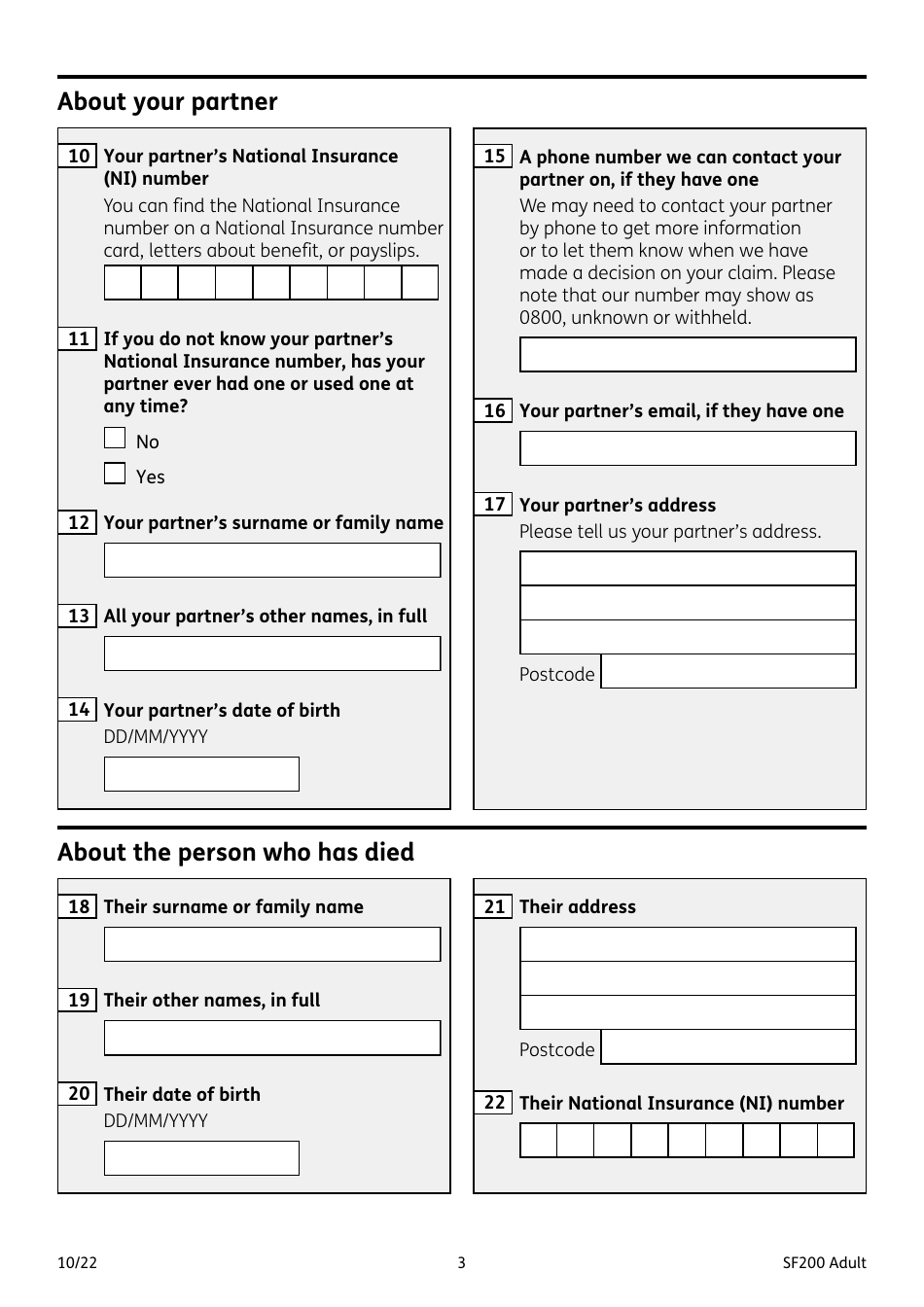 Form SF200 ADULT Funeral Expenses Payment for an Adult - United Kingdom, Page 3