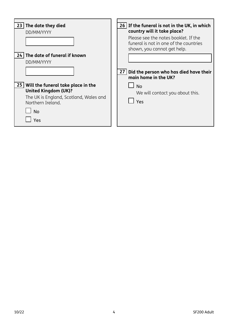 Form SF200 ADULT Funeral Expenses Payment for an Adult - United Kingdom, Page 4