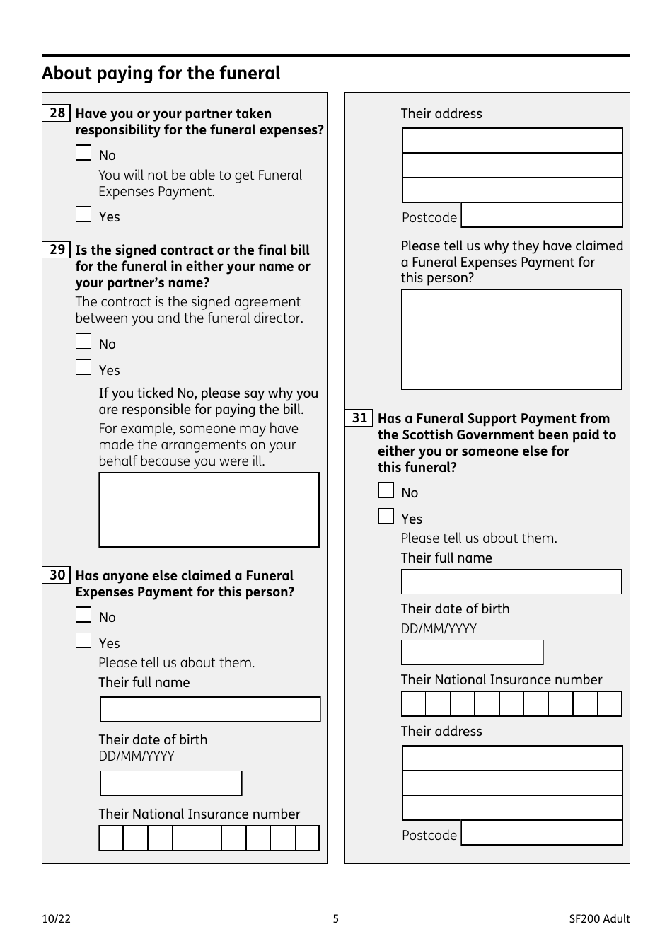 Form SF200 ADULT Funeral Expenses Payment for an Adult - United Kingdom, Page 5