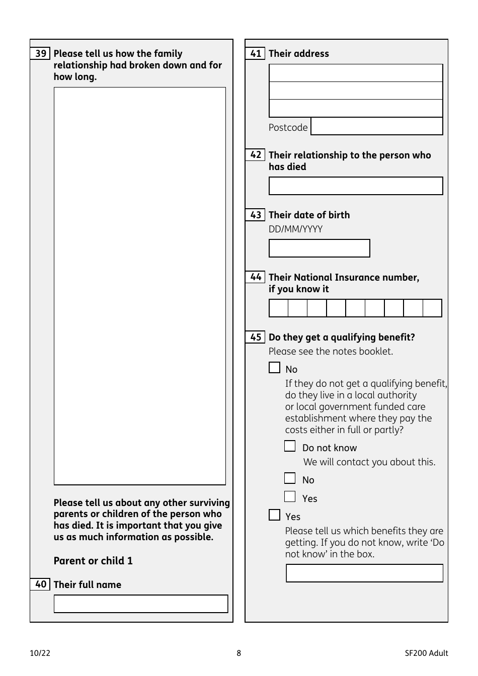 Form SF200 ADULT Funeral Expenses Payment for an Adult - United Kingdom, Page 8