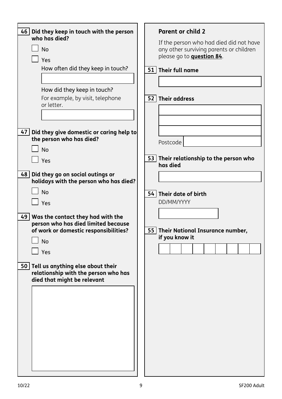 Form SF200 ADULT Funeral Expenses Payment for an Adult - United Kingdom, Page 9