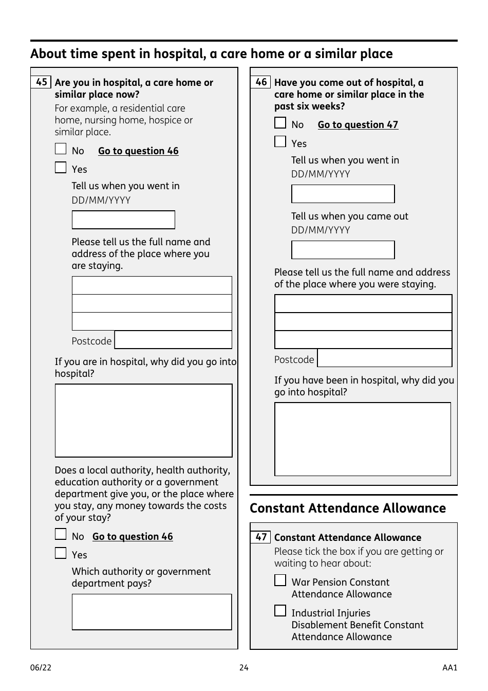 Form AA1 Attendance Allowance for People of State Pension Age or Over - United Kingdom, Page 24